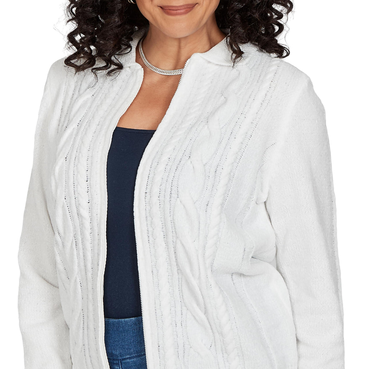 Alfred Dunner Women's Cable Chenille Zip Cardigan Sweater, Ivory, M