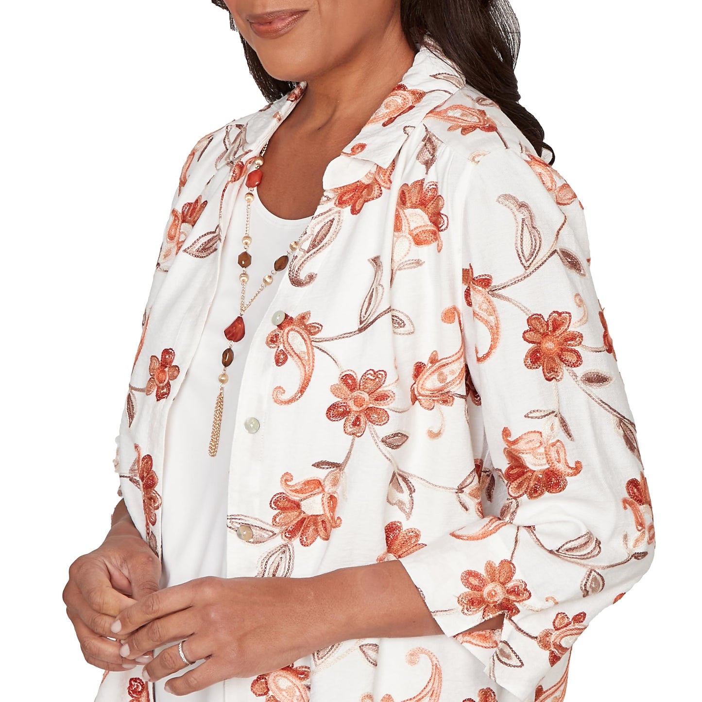 Alfred Dunner Women's Paisley Floral Collared Two in One Top with Necklace