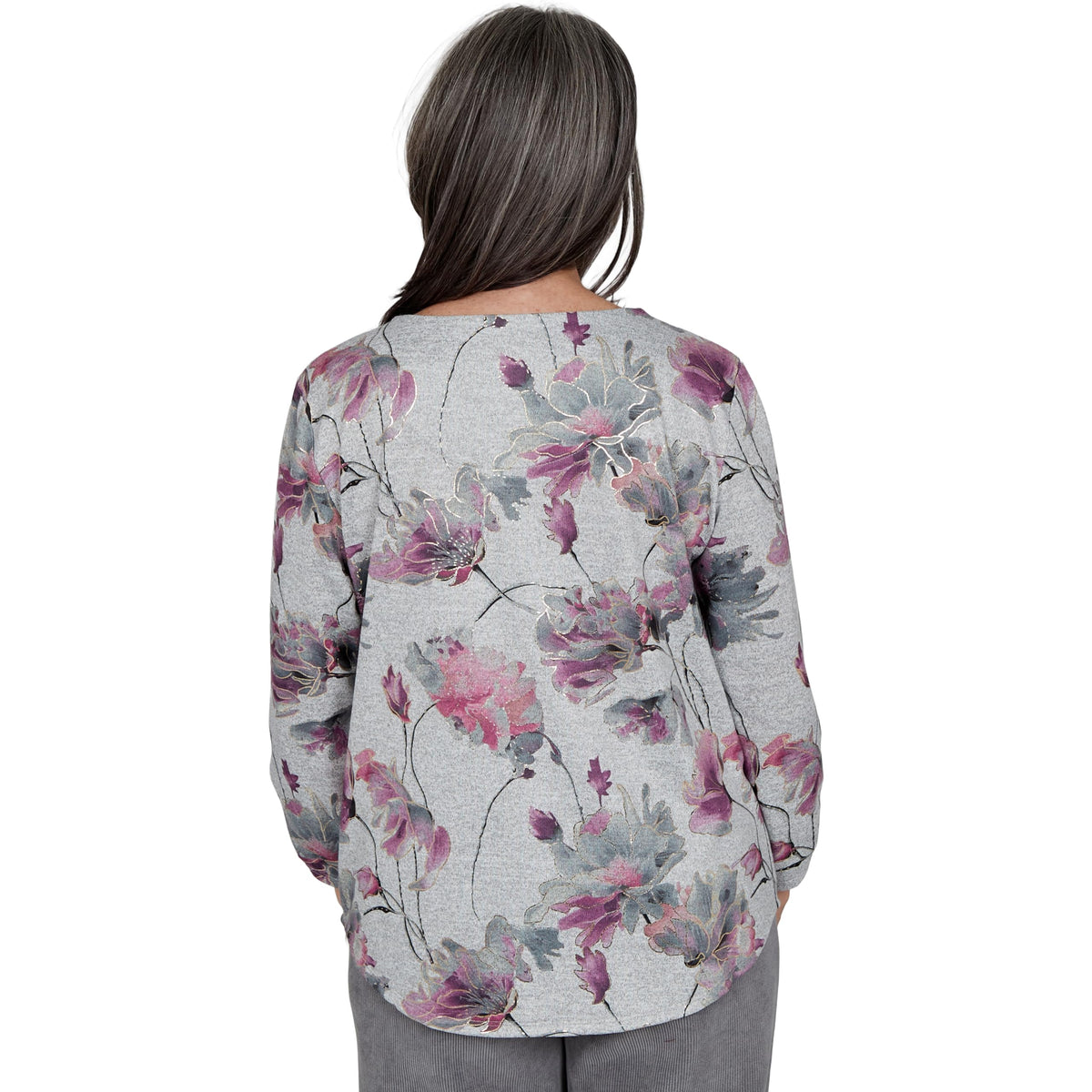 Alfred Dunner Women's Floral Shimmer Foil Knit Top, Grey, L