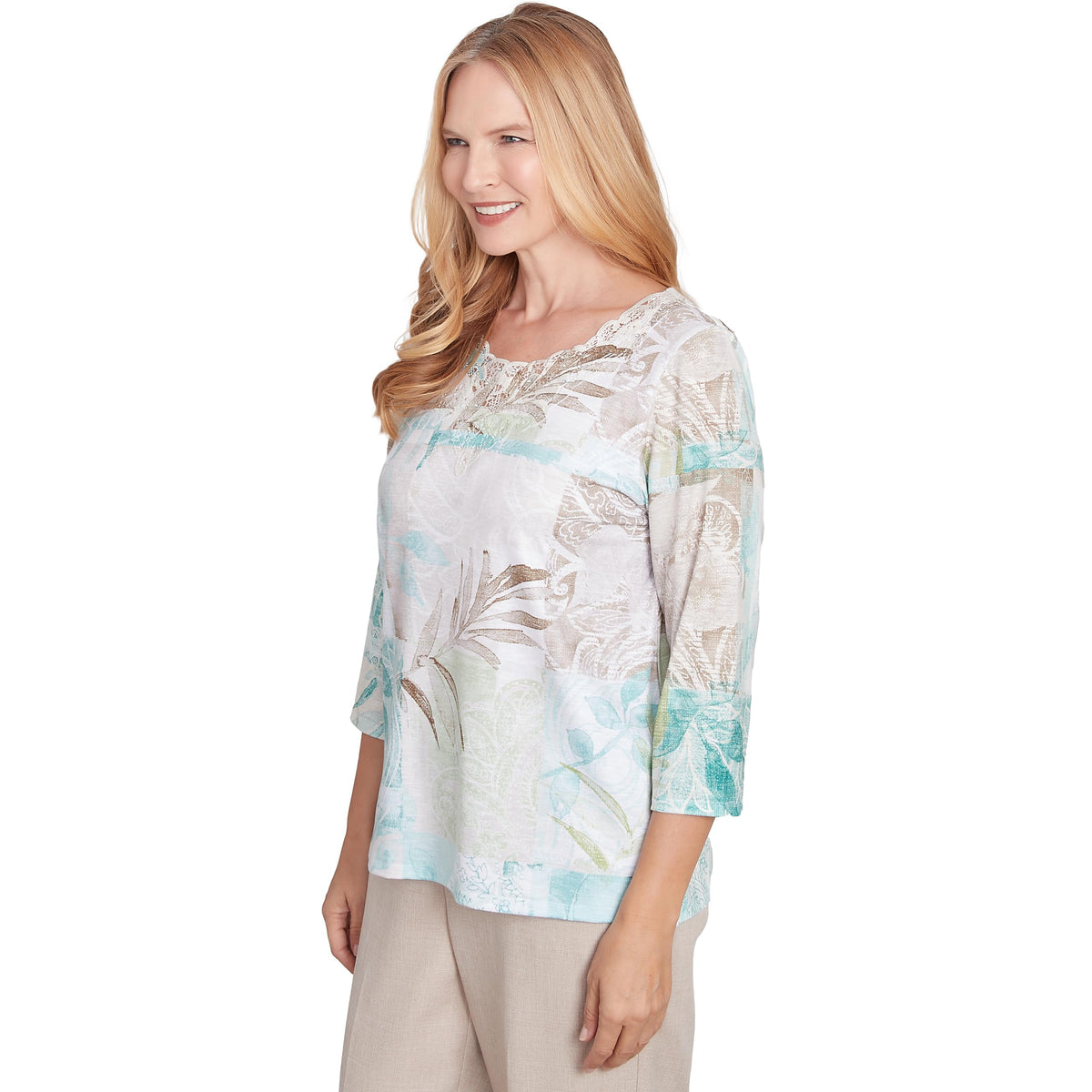 Alfred Dunner Kingston Gardens Texture Leave Patchwork (US, Alpha, Medium, Regular, Regular, Standard, Neutral/Multi)