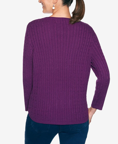 Alfred Dunner Women'sClassic Mixed Stitch PatchworkTextured Sweater with Jewel NecklineX-Large Grape