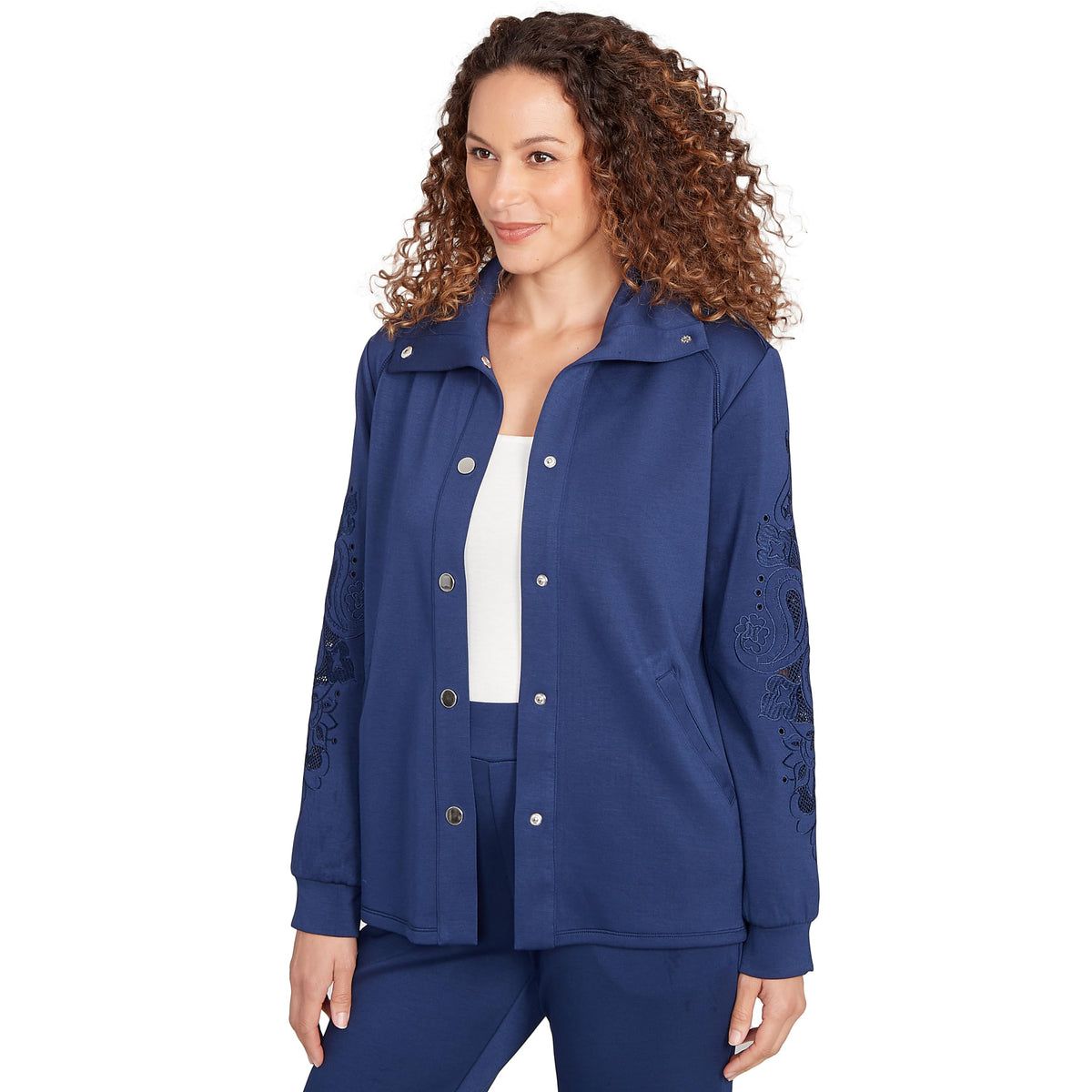Ruby Rd. Solid Scuba With Embroidery on Sleeve (Standard, Deep blue, Small)