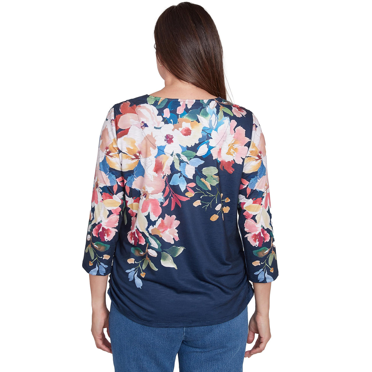 Alfred Dunner Free Spirit Placed Yoke Floral Polyester Top (US, Alpha, Small, Regular, Regular, Standard, Navy)