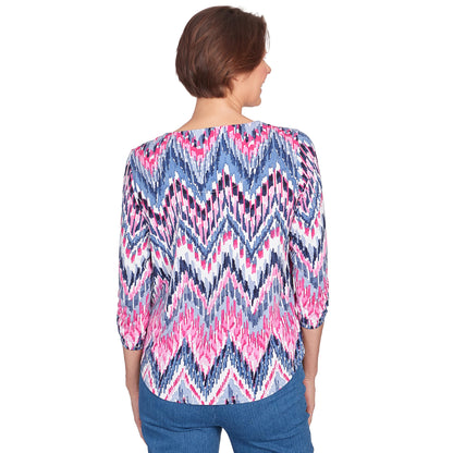 Alfred Dunner Women's Spring Classics Puff Print Ikat Chevron Split Neck Top