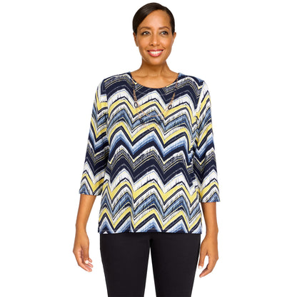 Alfred Dunner Women's Petite Petite Three-Quarter Length Zig Zag Top with Necklace