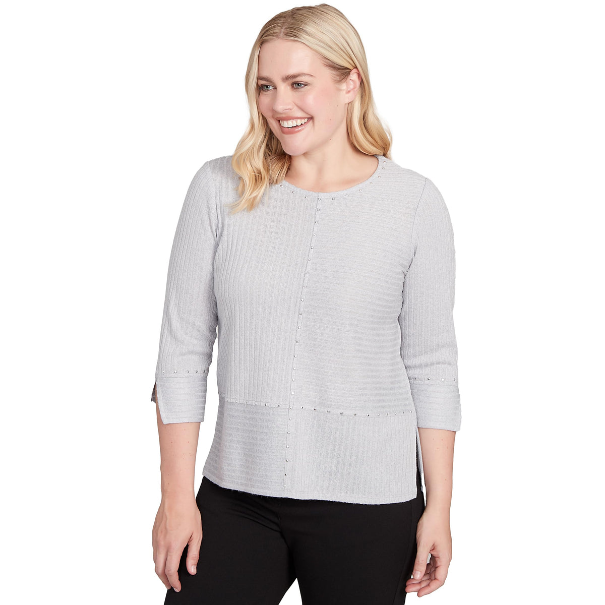 Alfred Dunner Women's Heat Set Embellished Solid Knit Top