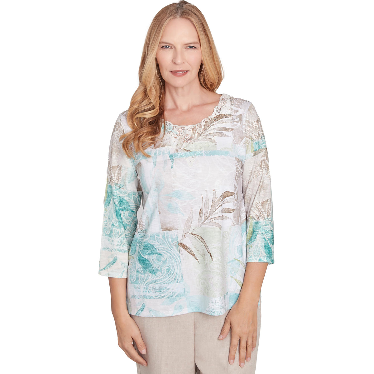 Alfred Dunner Kingston Gardens Texture Leave Patchwork (US, Alpha, Medium, Regular, Regular, Standard, Neutral/Multi)