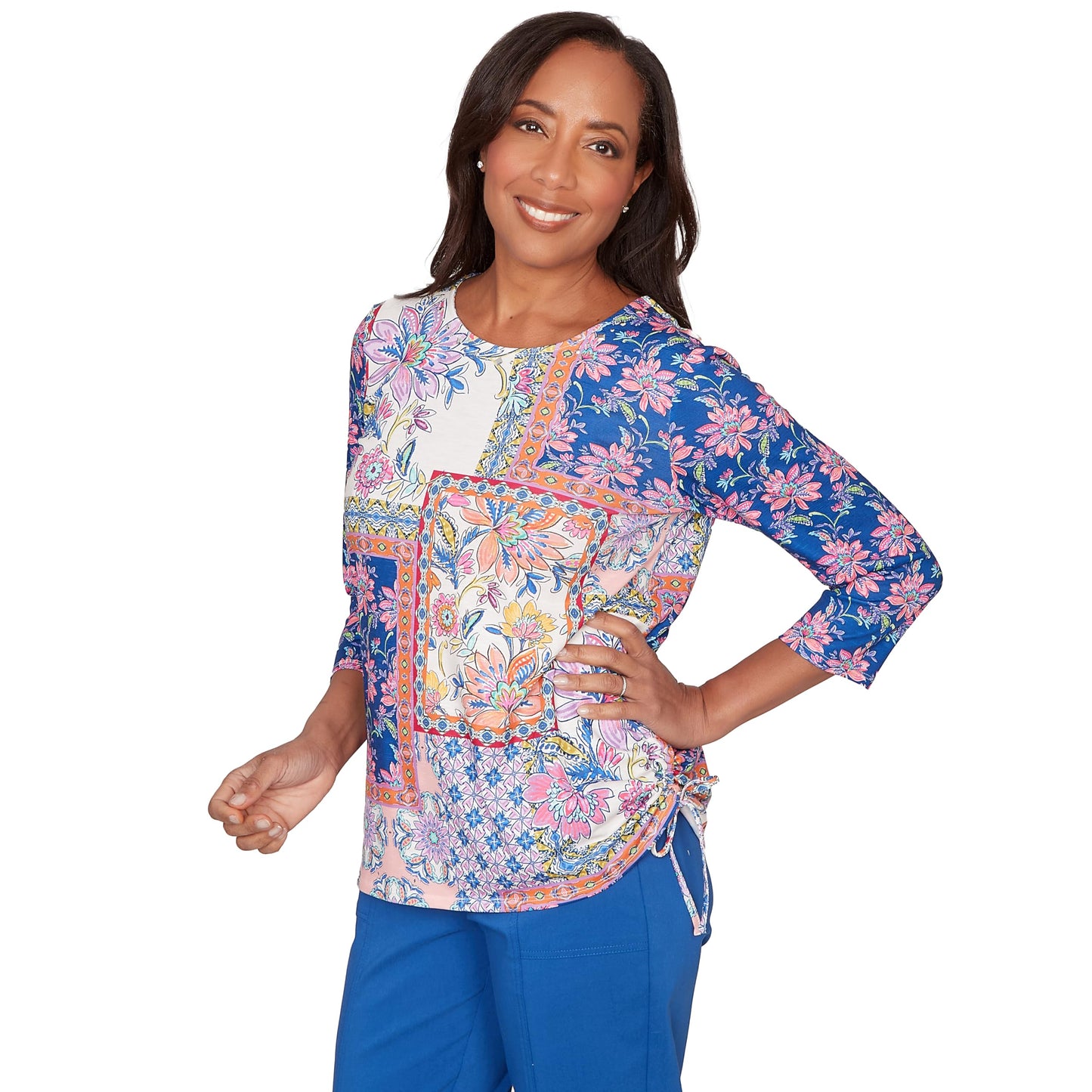 Alfred Dunner Women's Geometric Floral Tie Ruched Top