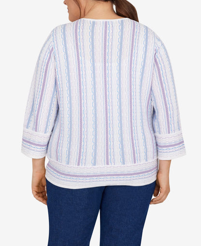 Alfred Dunner Women's Plus-Size Womens Crewneck Three-Quarter Bell Sleeve Stripe Sweater with Removable Necklace