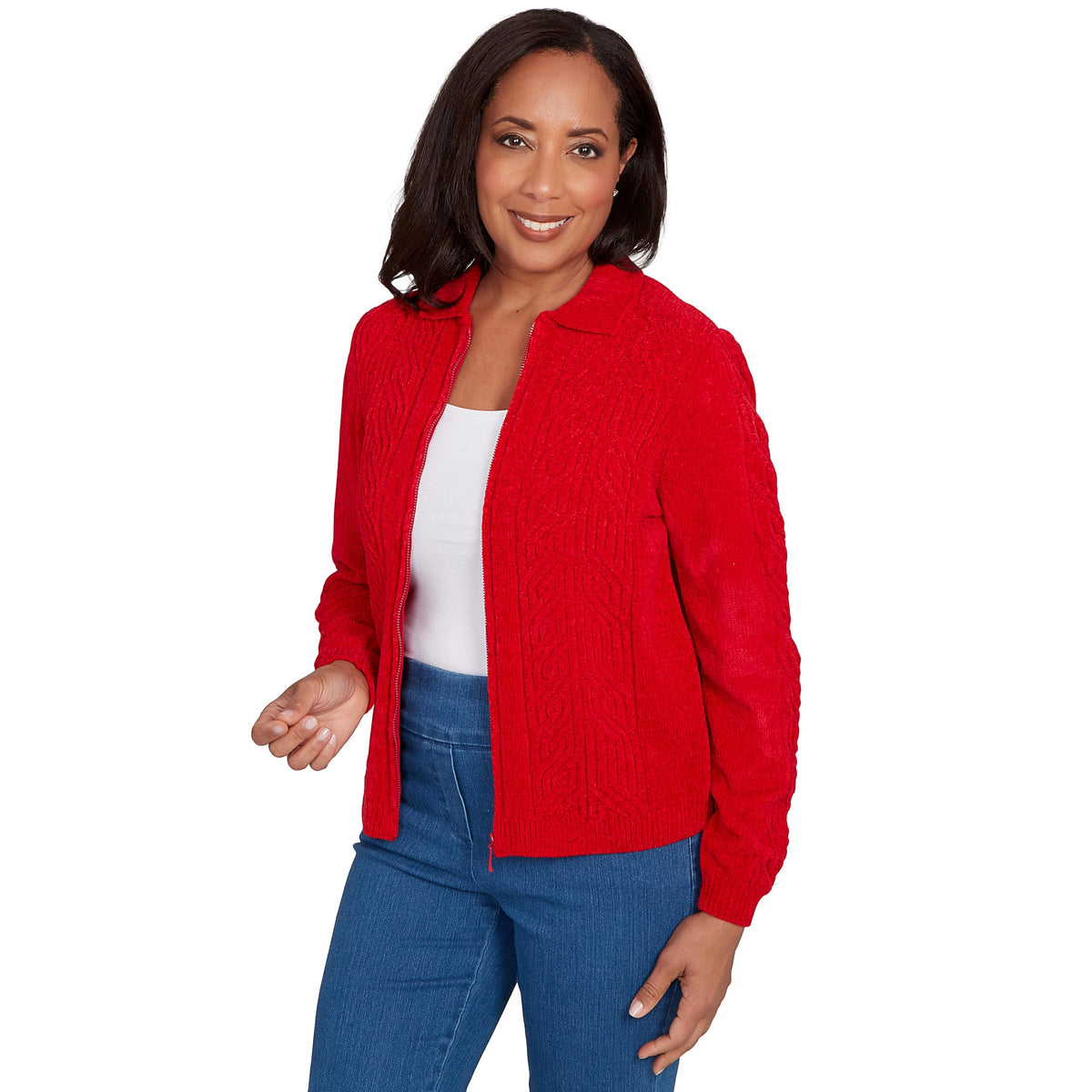 Alfred Dunner Chenille Zip Front Cardigan (US, Alpha, Large, Regular, Regular, Standard, Red)