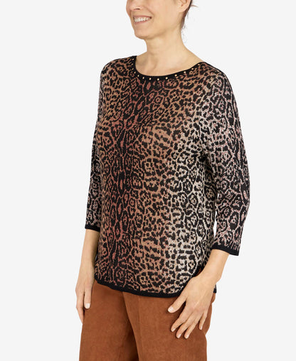 Alfred Dunner Women's Petite Womens Animal Jacquard 3/4 Sleeve Sweater