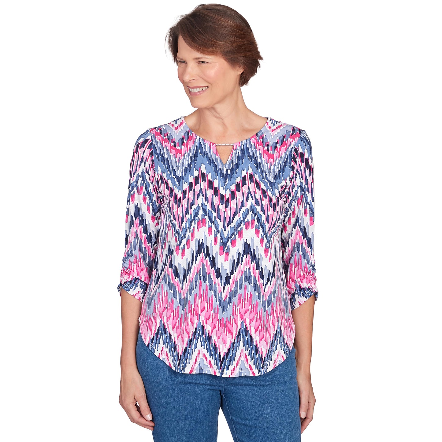 Alfred Dunner Women's Spring Classics Puff Print Ikat Chevron Split Neck Top