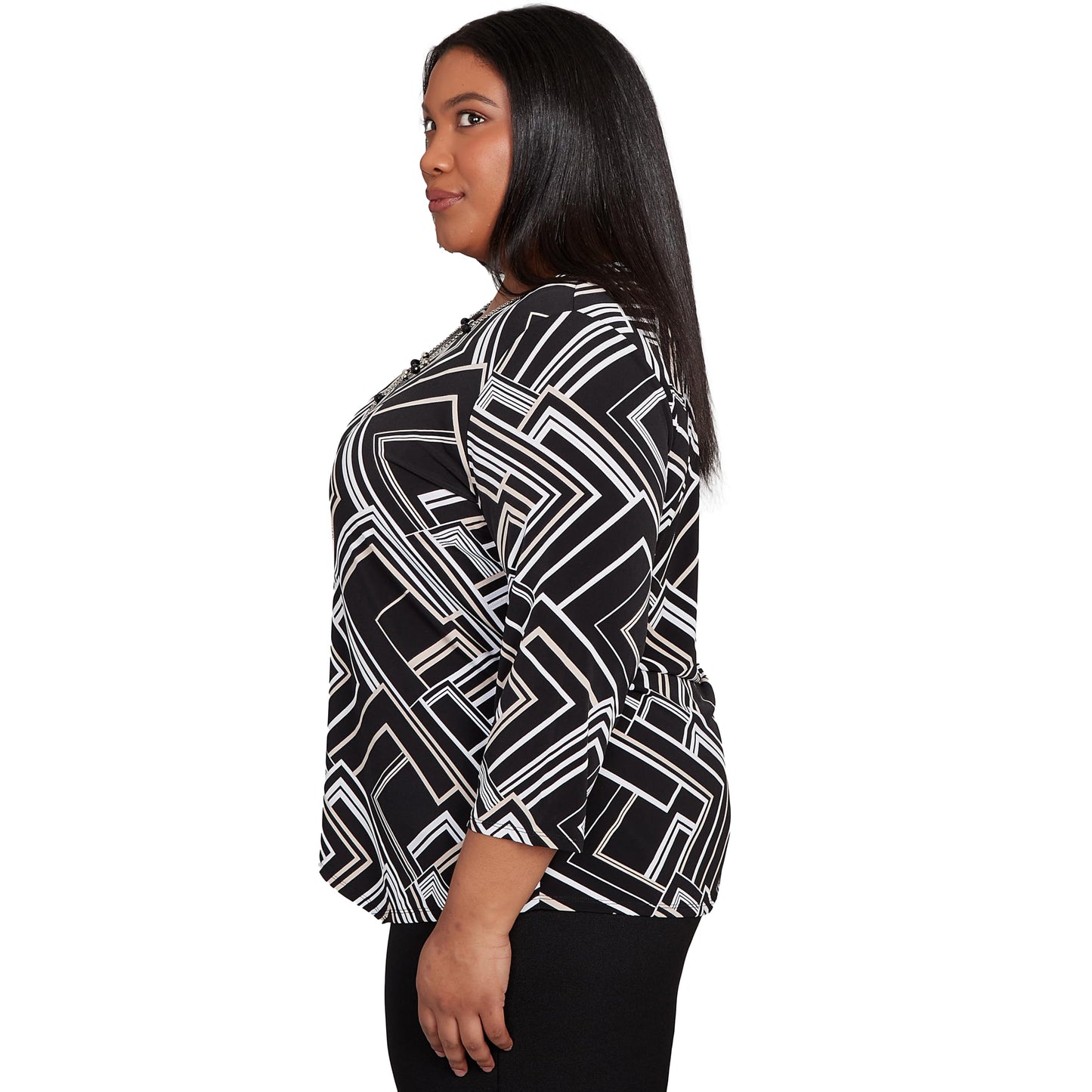 Alfred Dunner Women's Plus-Size Geometric Textured Top with Necklace Size 3X Black