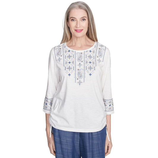 Alfred Dunner Embroidered Linear Yoke (US, Alpha, Small, Regular, Petite, Petite, Linen)