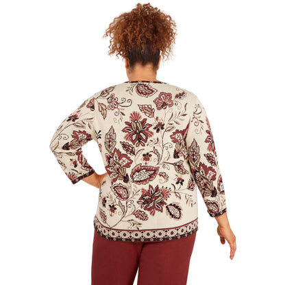 Alfred Dunner Women's Plus-Size Floral Jacquard Geometric Trim Sweater