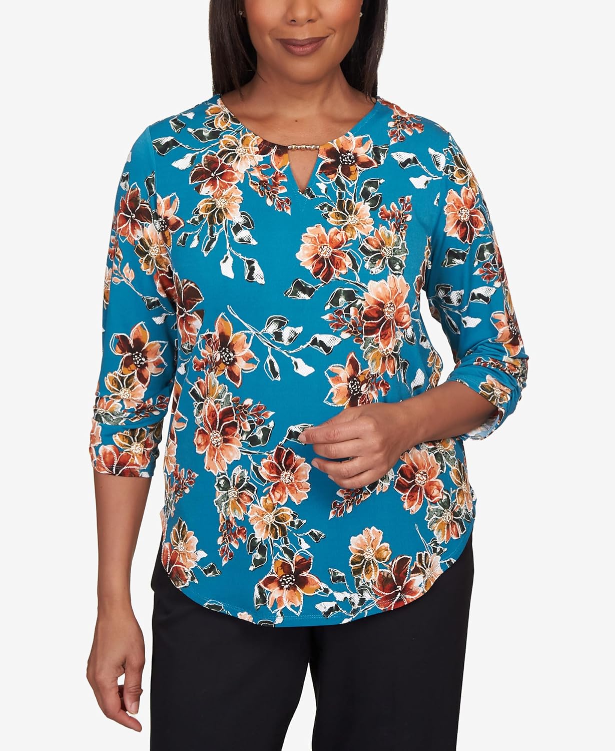 Alfred Dunner Women's Tossed Floral Shirttail Hem Top Size L Teal