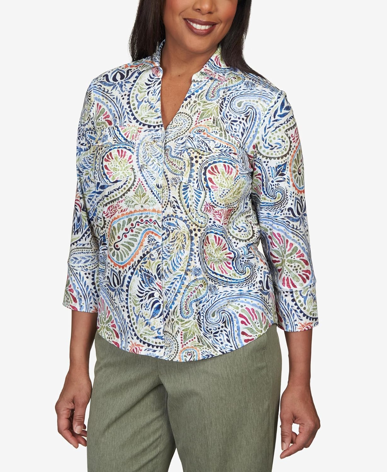 Alfred Dunner Women's Paisley Stretch Knit Button Down Top Size M Multi