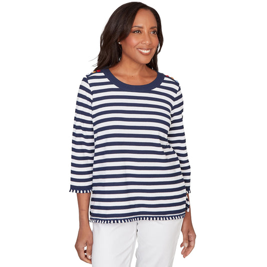 Alfred Dunner Women's Pique Stripe Button Detail Top, Size XL, Navy/White