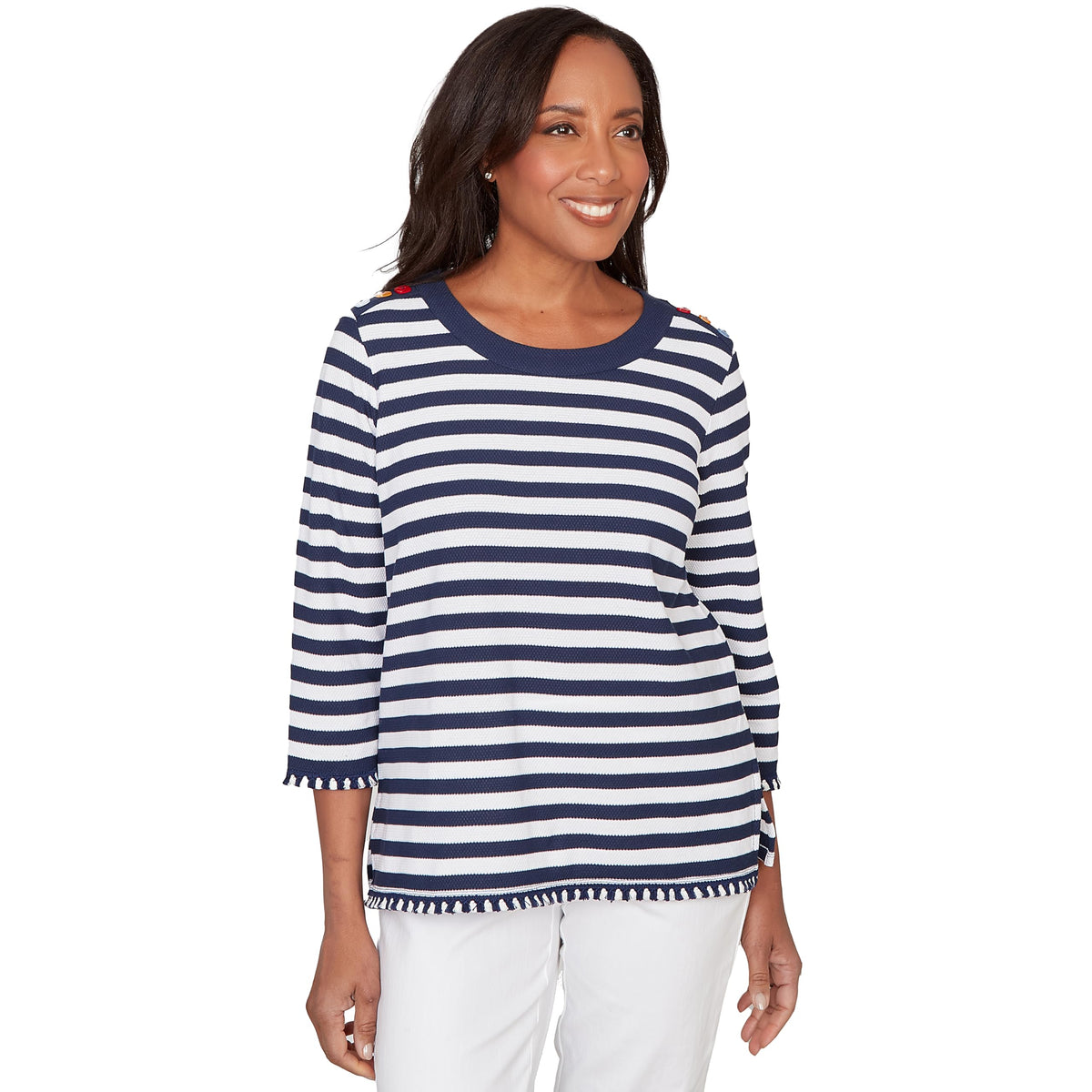 Alfred Dunner Women's Pique Stripe Button Detail Top