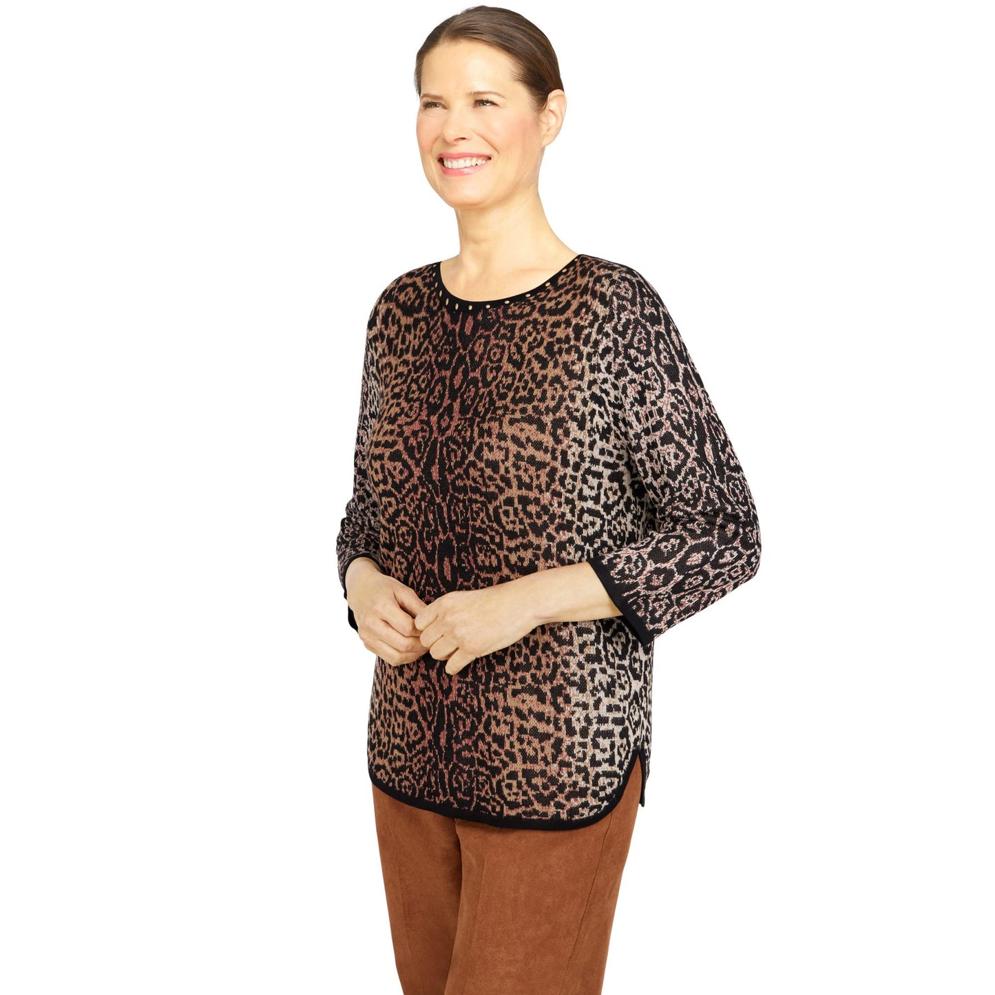 Alfred Dunner Women's Petite Womens Animal Jacquard 3/4 Sleeve Sweater