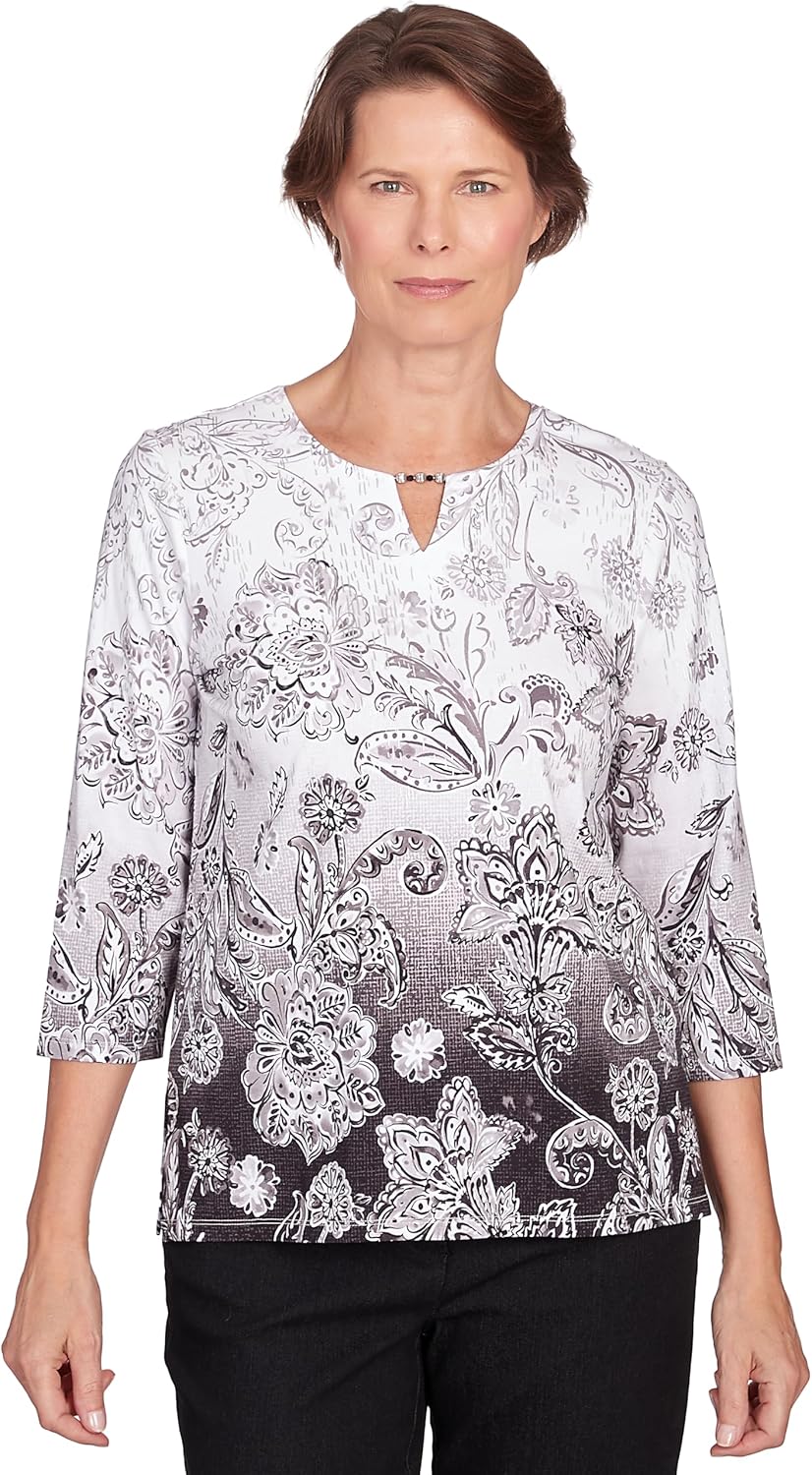 Alfred Dunner Women's Classics Neutrals Ombre Scroll Floral Split Neck Top