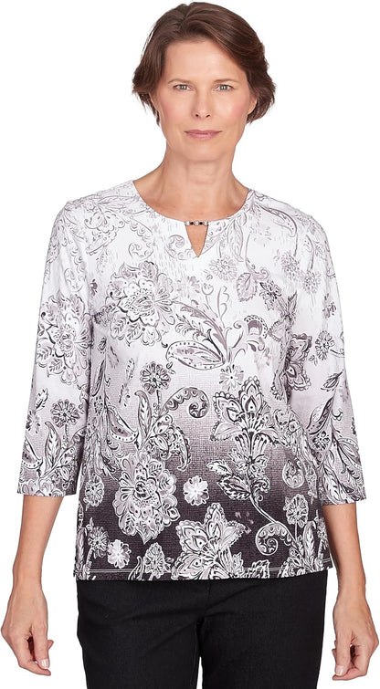 Alfred Dunner Women's Classics Neutrals Ombre Scroll Floral Split Neck Top