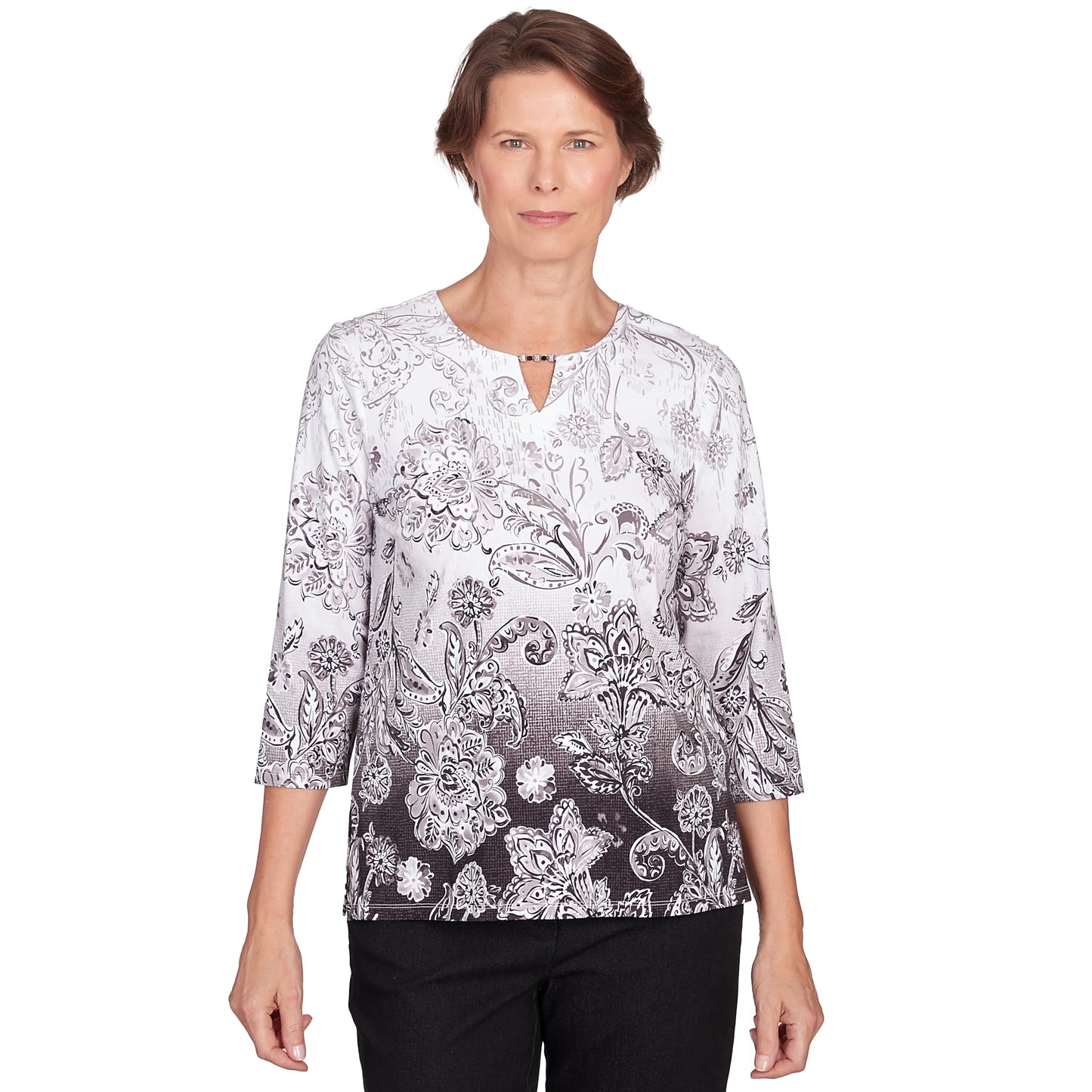 Alfred Dunner Women's Classics Neutrals Ombre Scroll Floral Split Neck Top