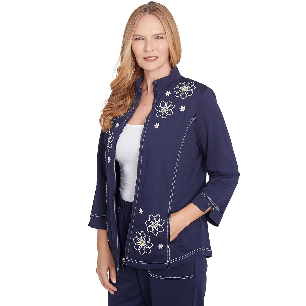 Alfred Dunner Women's Embroidered Daisy French Terry Jacket, Small
