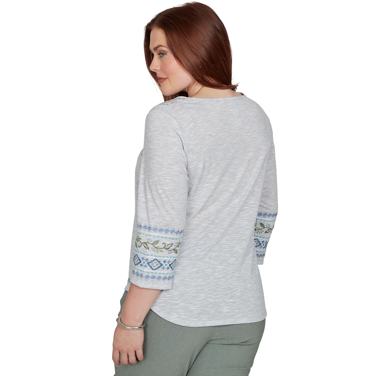 Alfred Dunner Women's Center Diamond Embroidered Top, Grey Heather, S