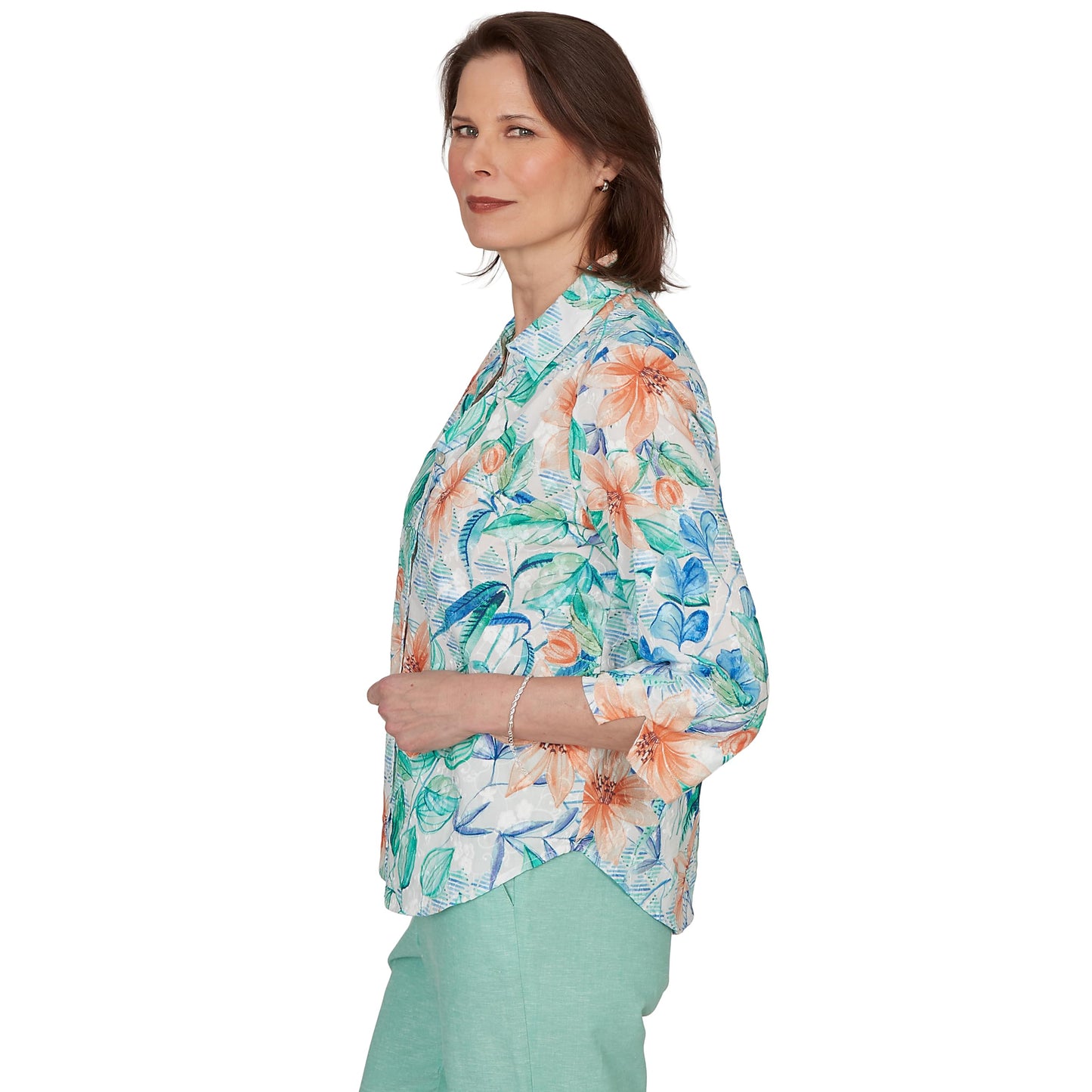 Alfred Dunner Women's Tropical Flower Eyelet Tie Sleeve Top