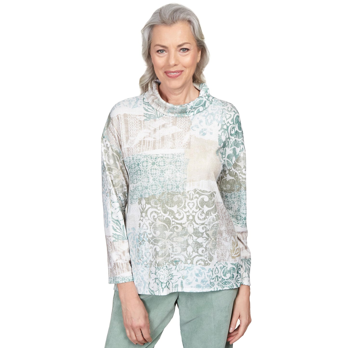 Alfred Dunner Shimmer Medallion Patchwork Cowl Neck Top (US, Alpha, Small, Regular, Regular, Standard, Multi)