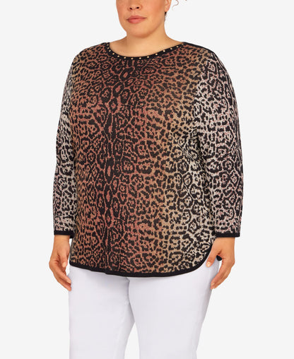 Alfred Dunner Women's Plus-Size Womens Animal Jacquard 3/4 Sleeve Sweater