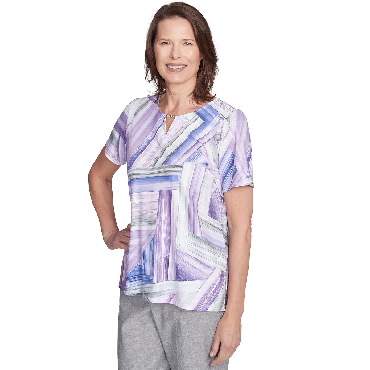 Alfred Dunner Brushstroke Patchwork Polyester Top (US, Alpha, Medium, Regular, Regular, Standard, Multi)