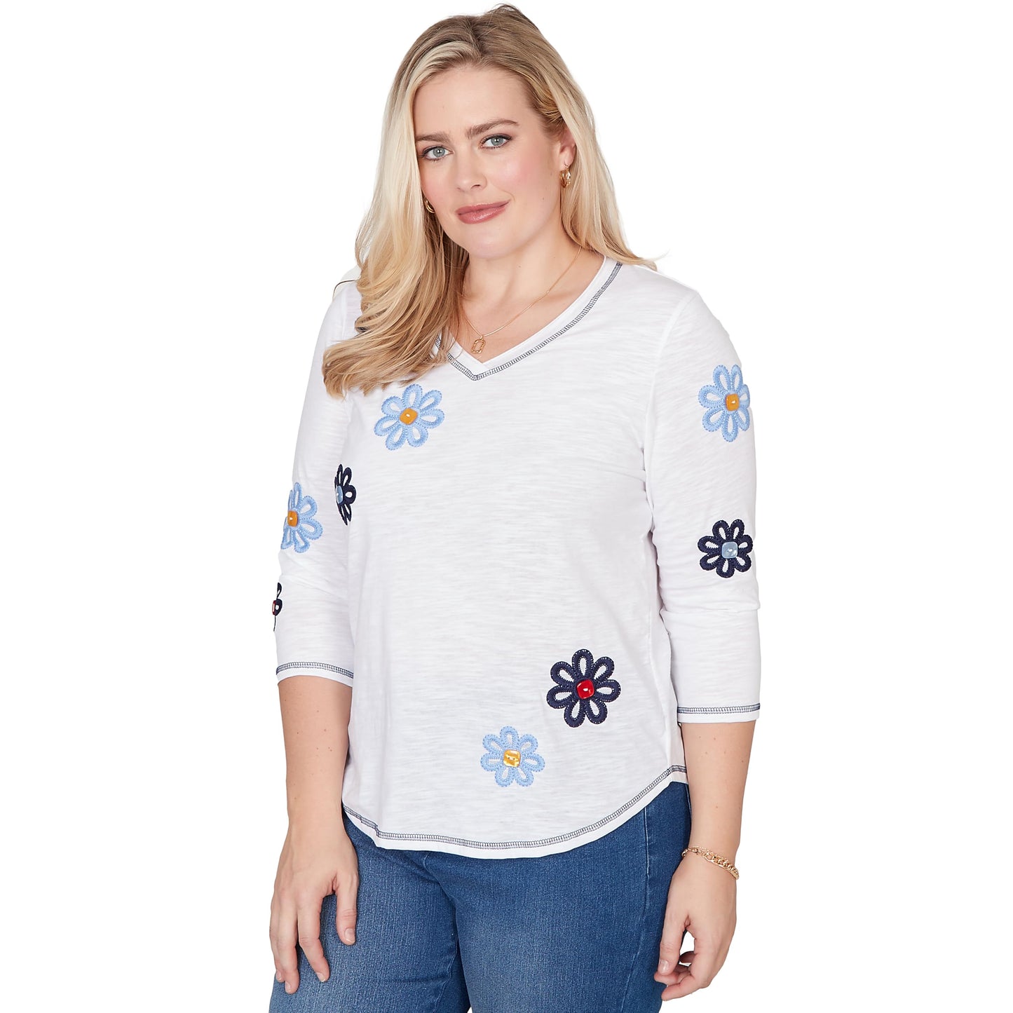 Alfred Dunner Women's Embellished Floral Button Top