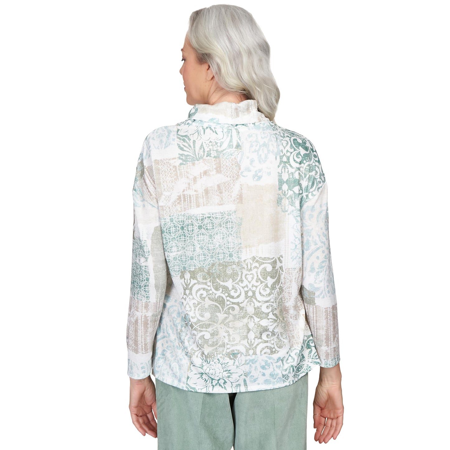 Alfred Dunner Shimmer Medallion Patchwork Cowl Neck Top (US, Alpha, Small, Regular, Regular, Standard, Multi)