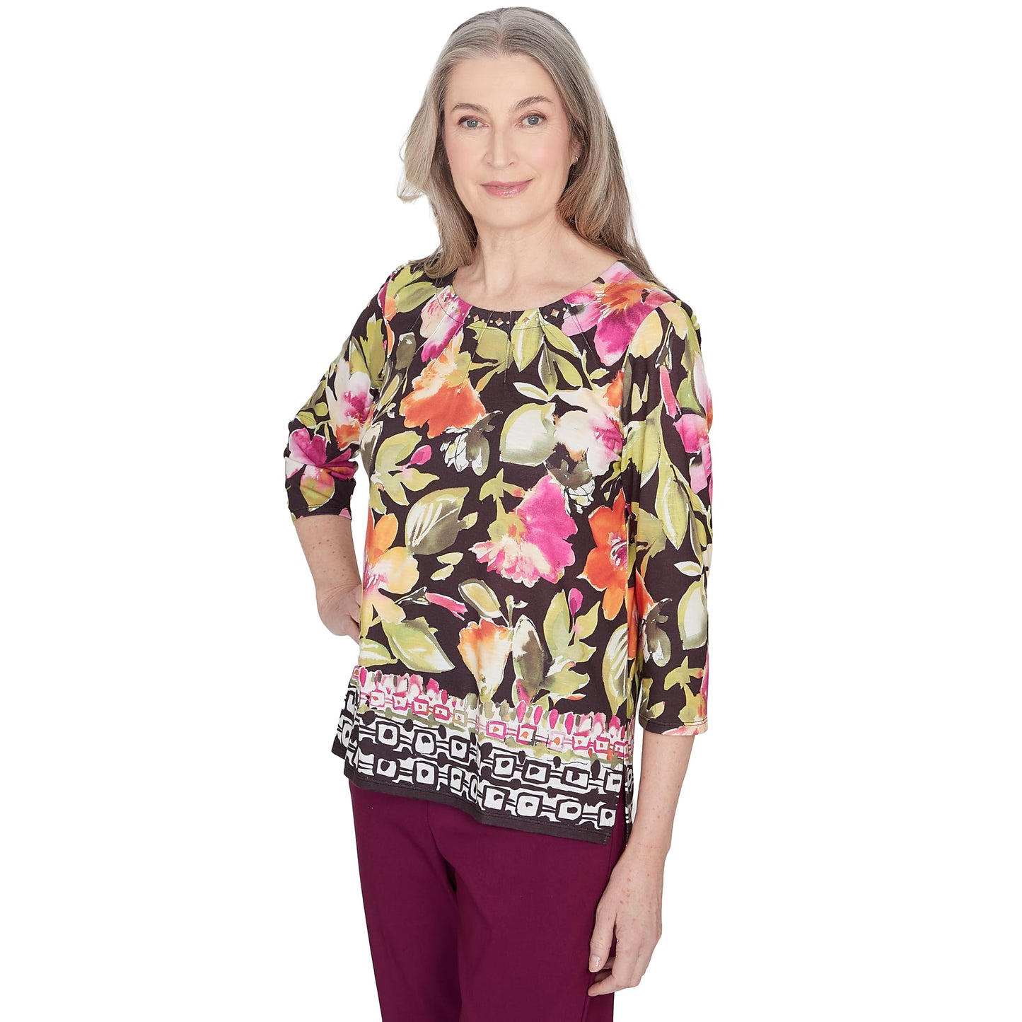 Alfred Dunner Classic Polyester Top Floral with Geometric Border