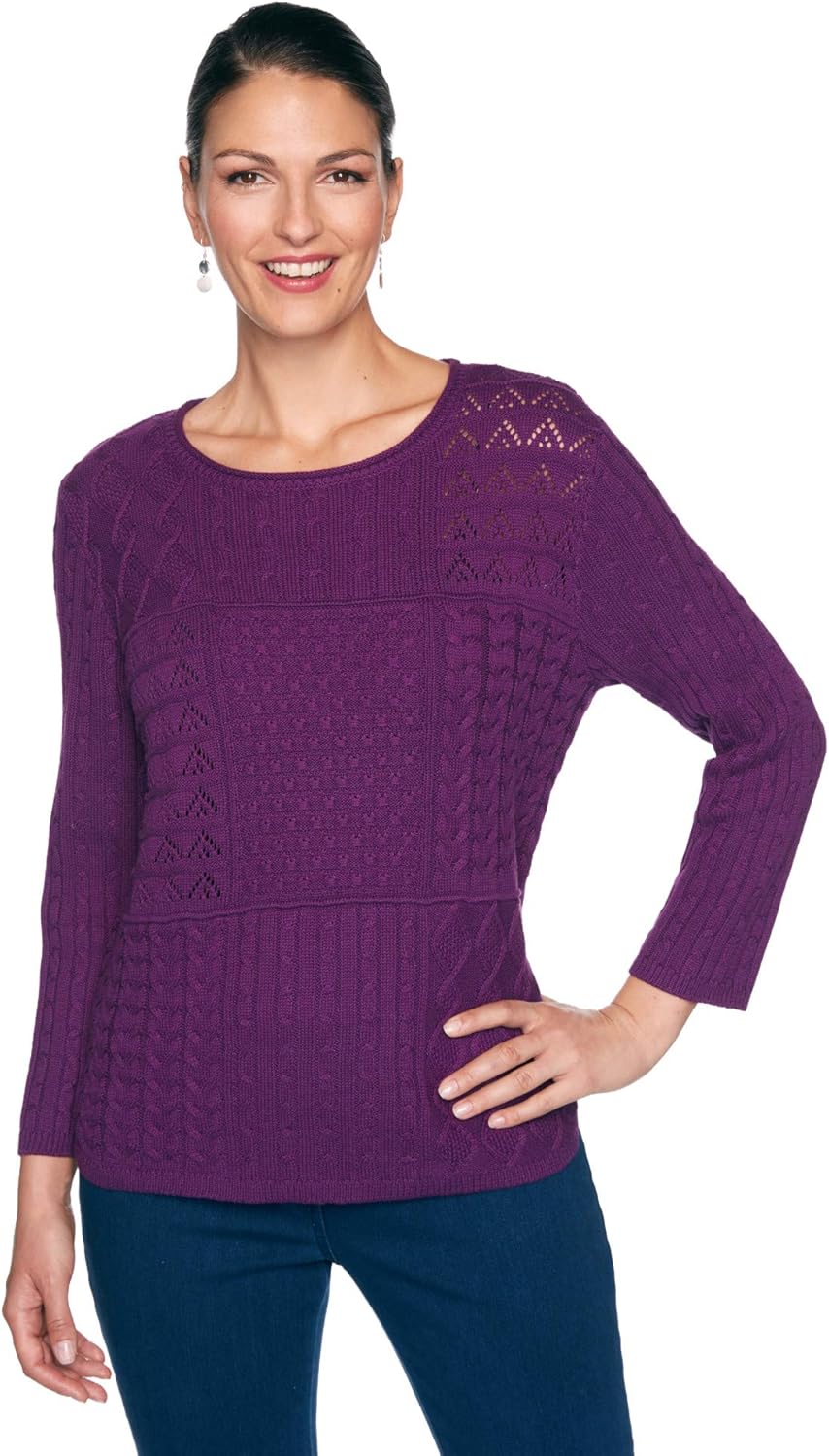 Alfred Dunner Women'sClassic Mixed Stitch PatchworkTextured Sweater with Jewel NecklineX-Large Grape