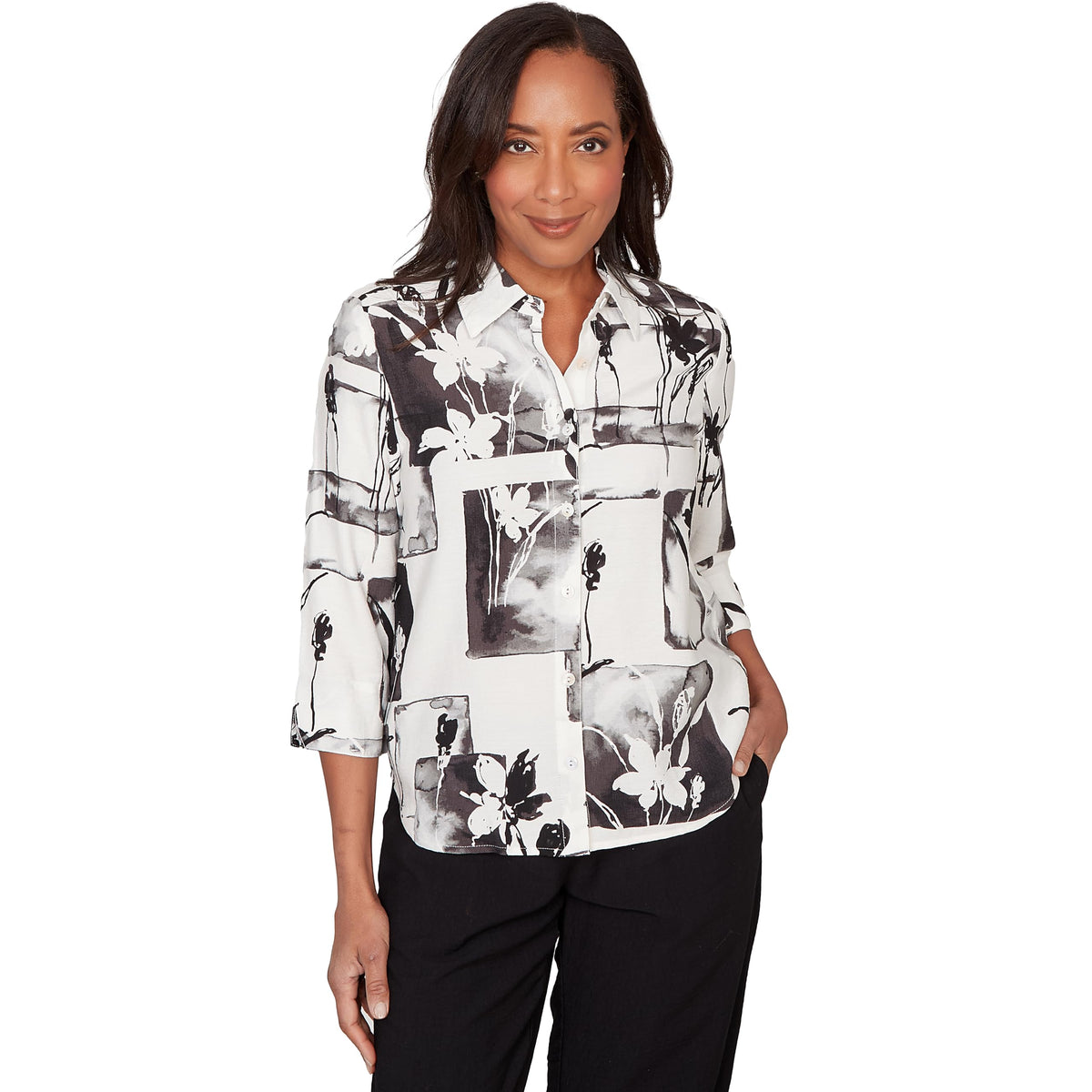 Alfred Dunner Women's Floral Patchwork Button Front Top