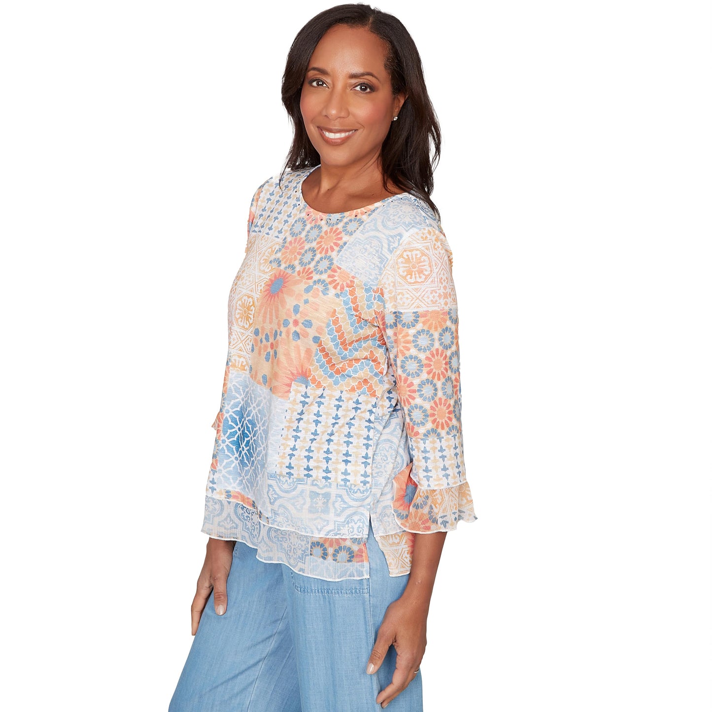 Alfred Dunner Women's Patchwork Medallion Ruffle Sleeve Top, Size XL, Blue Multi