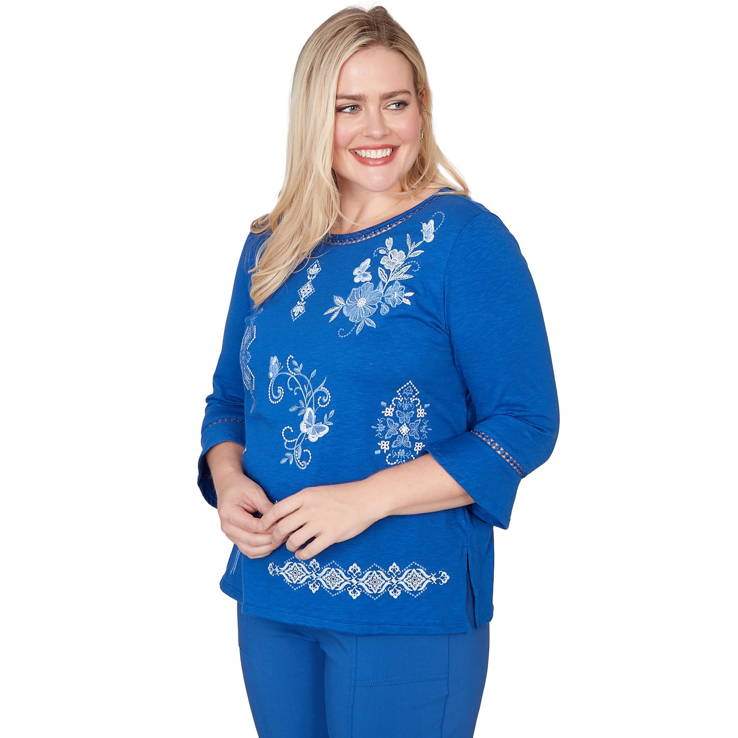 Alfred Dunner Women's Placed Floral Medallion Embroidered Top