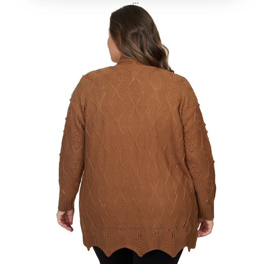 Ruby Rd. Fall Open Cardigan Pointelle All Acrylic (US, Alpha, 2X, Plus, Regular, Plus Size, Chestnut)