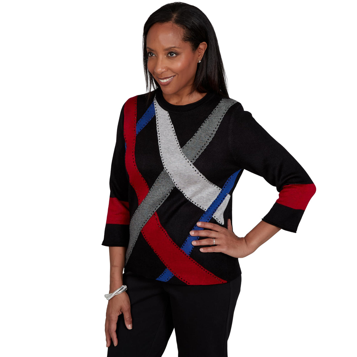 Alfred Dunner Women's Contrast Stripe Colorblock Sweater, Black, L
