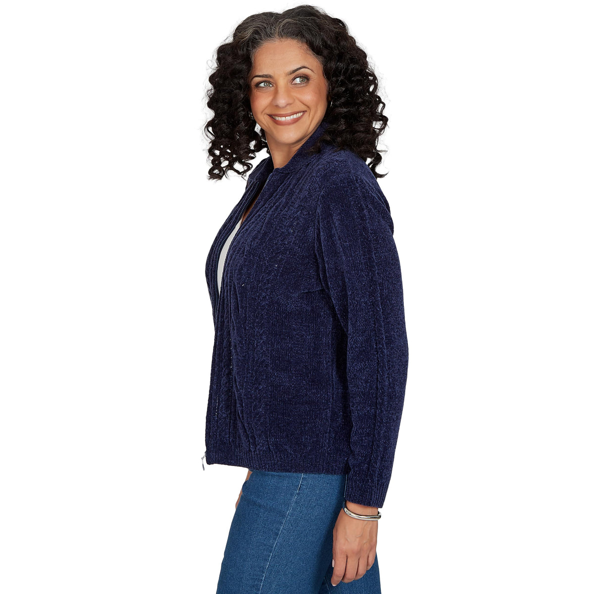 Alfred Dunner Women's Cable Chenille Zip Cardigan Sweater, Navy, XL