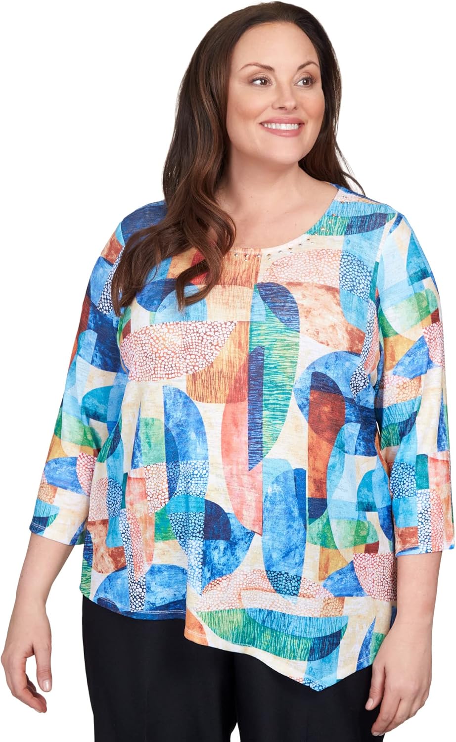 Alfred Dunner Women's Plus-Size Geometric Stained Glass Asymmetric Top Size 3X Multi