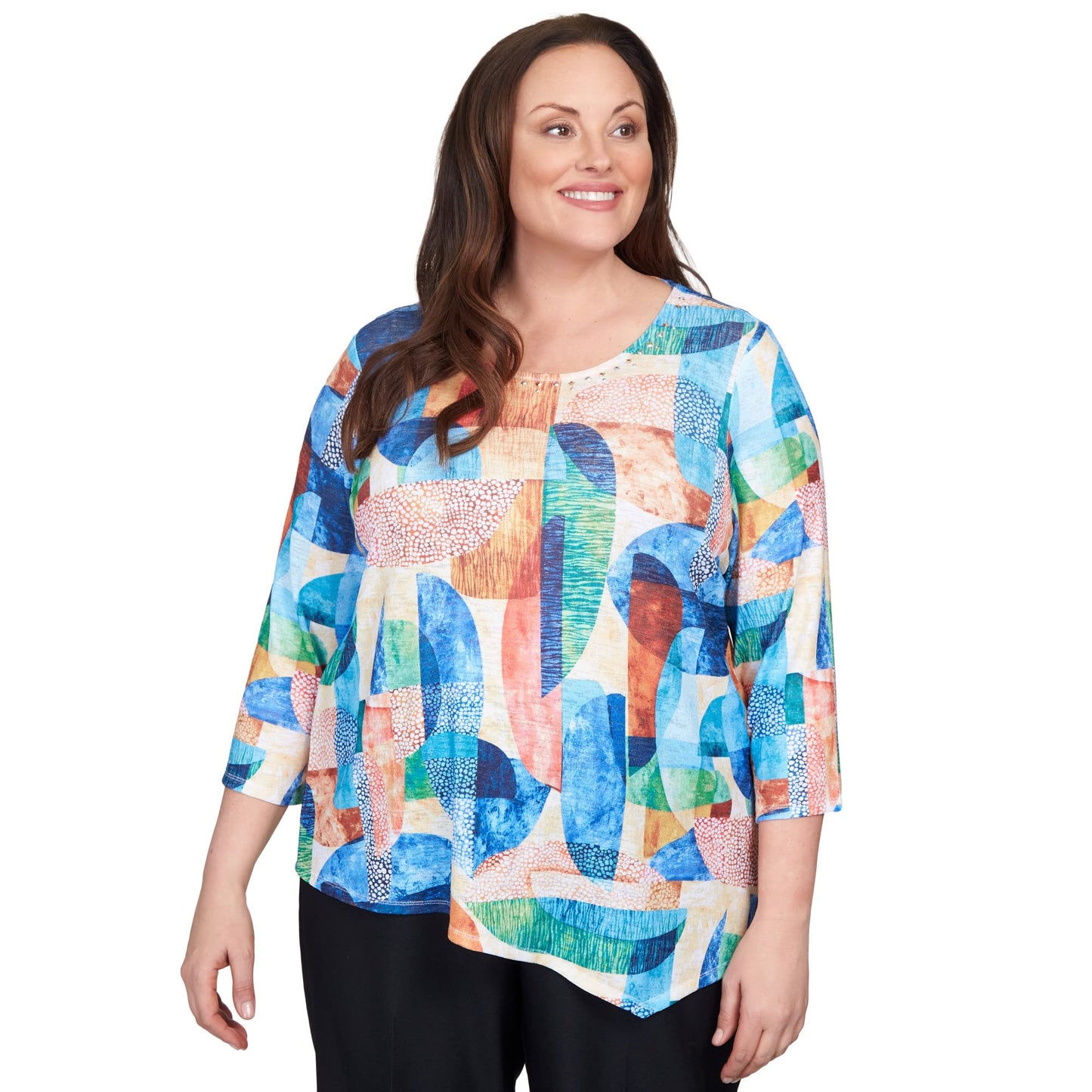 Alfred Dunner Women's Plus-Size Geometric Stained Glass Asymmetric Top