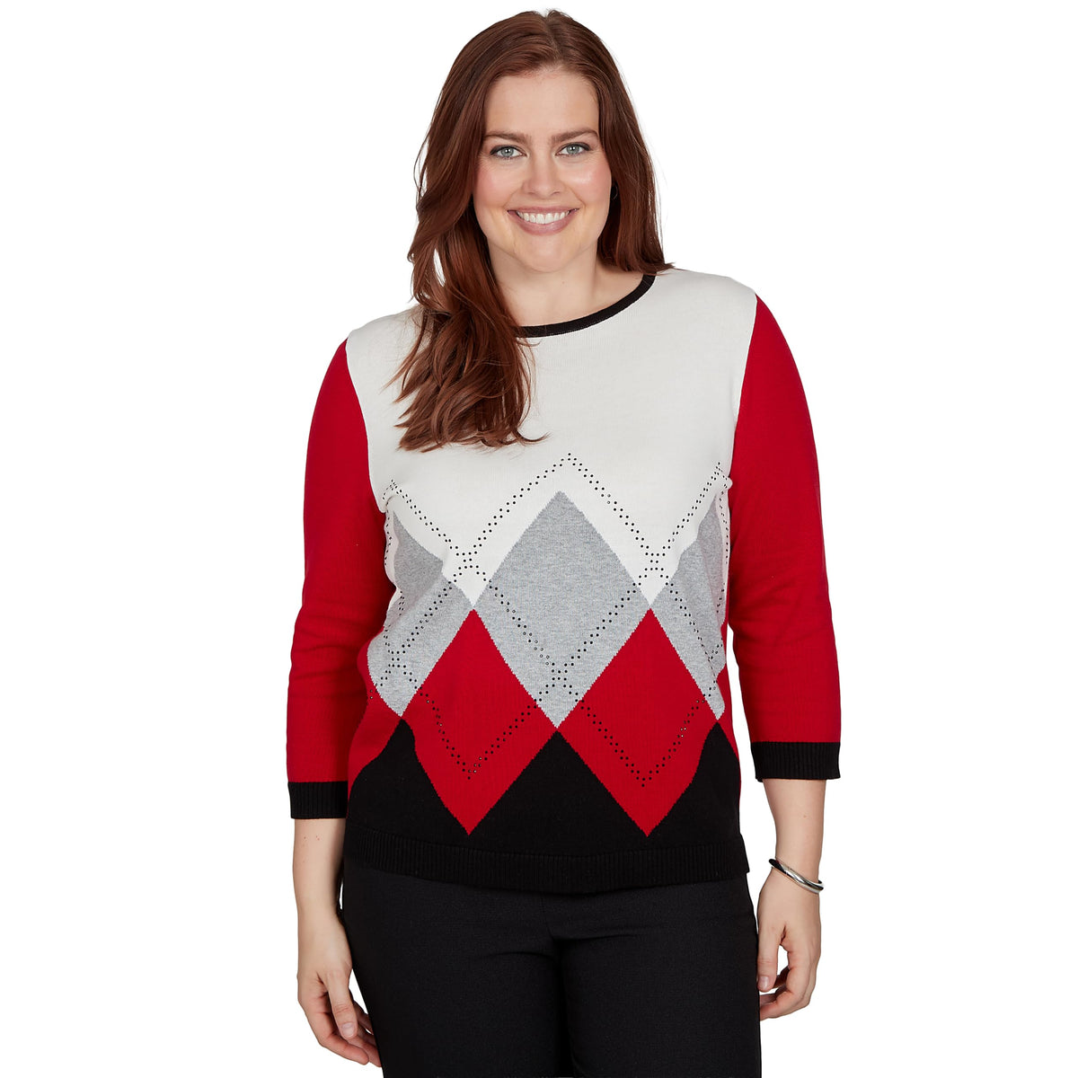 Alfred Dunner Women's Argyle Beaded Sweater, Red, M
