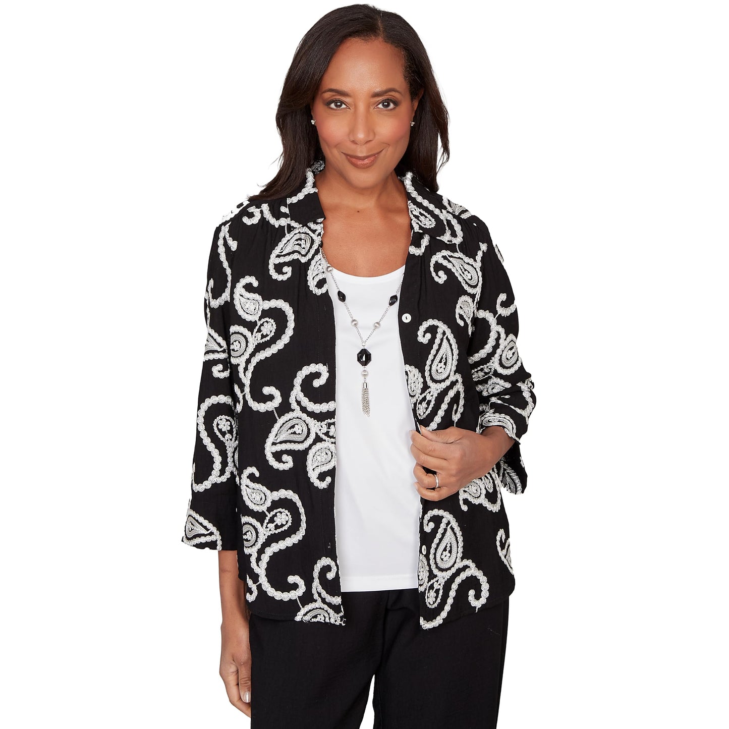 Alfred Dunner Women's Paisley Embroidered Two in One Top with Necklace