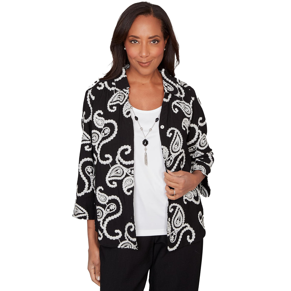 Alfred Dunner Women's Plus-Size Paisley Embroidered Two in One Top with Necklace, Size 2X, Black