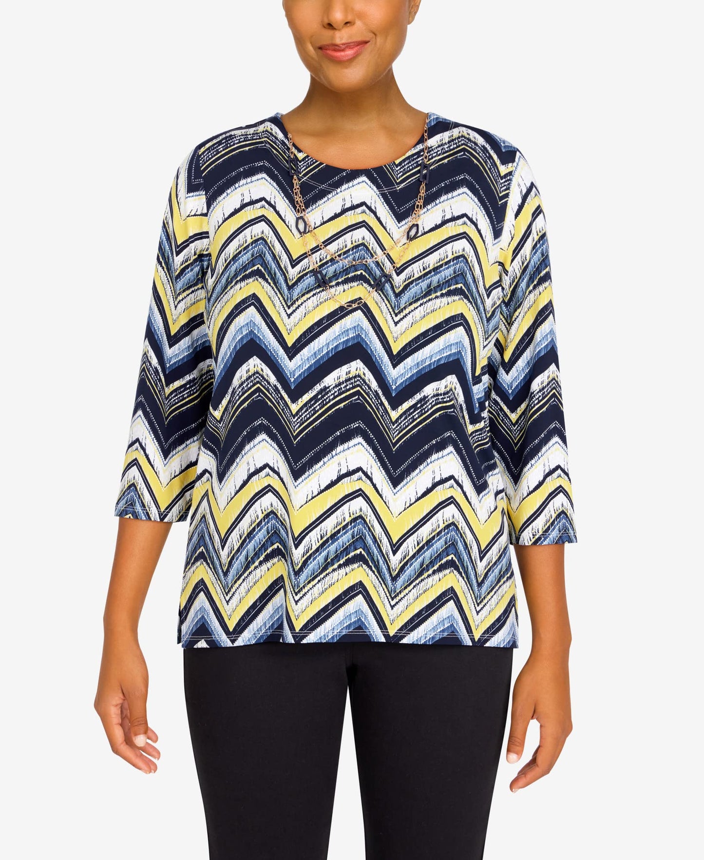 Alfred Dunner Women's Petite Petite Three-Quarter Length Zig Zag Top with Necklace