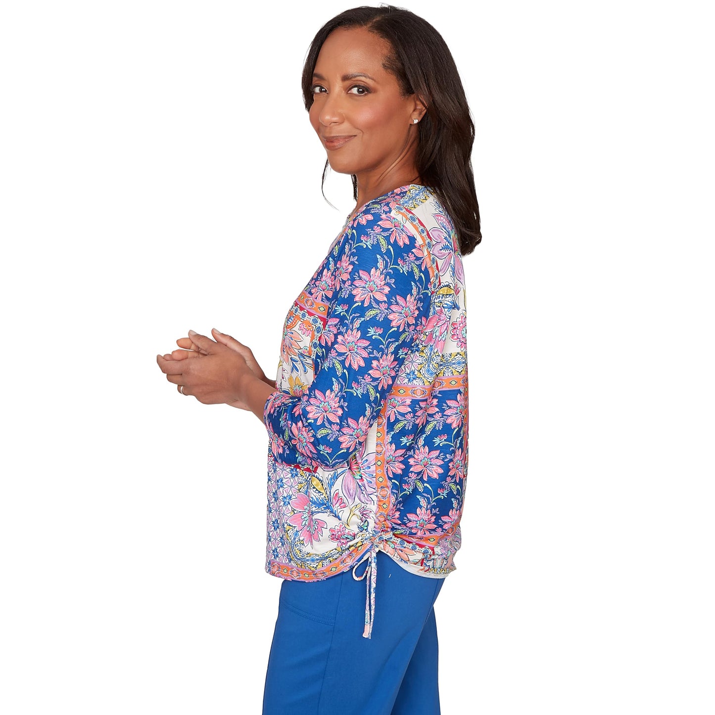Alfred Dunner Women's Geometric Floral Tie Ruched Top